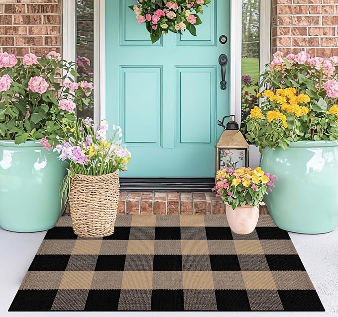 Spring Layered Doormat 24''X35''Buffalo Checkered Outdoor Rug Cotton Woven Washable Farmhouse Entryway Rug for Welcome Mat Front Porch Bedroom Living Room
