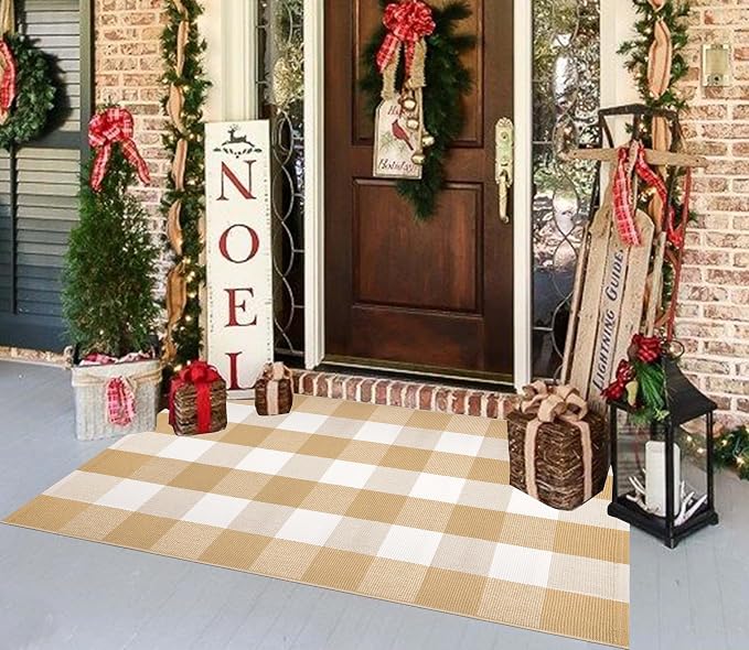 Khaki and White Layered Doormat 27.5''X 43.3''Checkered Farmhouse Porch Rug Cotton Woven Washable Front Door Mat Outdoor for Welcome Door Mat Entryway Bedroom Living Room