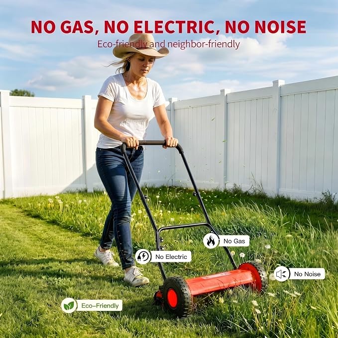 14" Push Lawn Mower, Manual Hand Push Lawn Mower Without Grass Catcher, Lightweight & Portable Walk-Behind Mower for Small Yards, Garden & Patio
