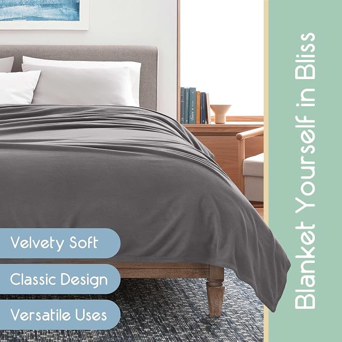 Twin Size Microfleece Fleece Blanket - Supersoft Lightweight Plush Throw for Bed, Couch, Travel & Pets - All-Season Comfort - Gray