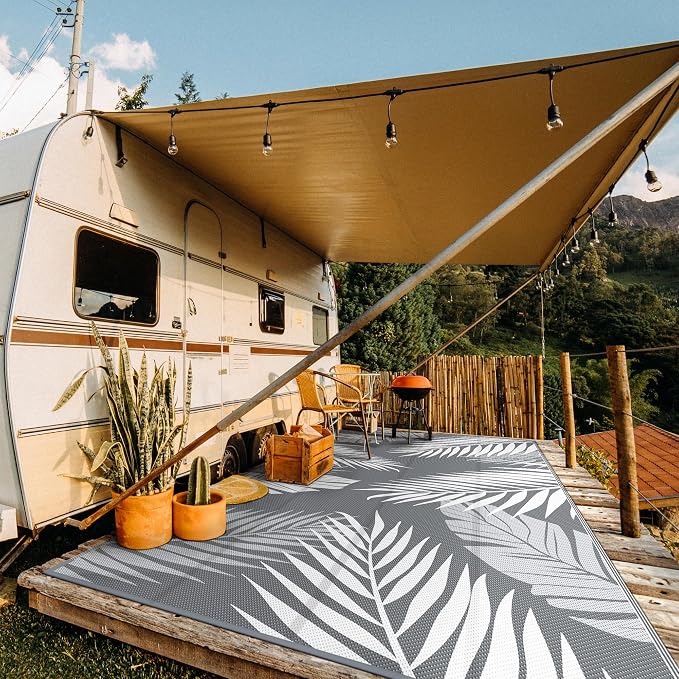 GENIMO Outdoor Rug, Waterproof Plastic Rugs 10'x20' for Camping Grey White | Outside Larger Leaf Carpet Mat for Patio Decor, RV, Porch, Camper, Deck, Picnic, Beach, Backyard, Reversible, Foldable