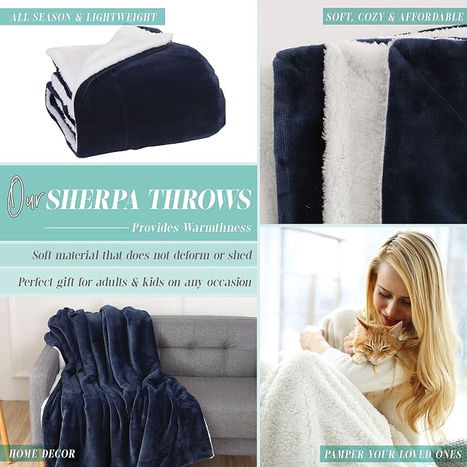 Elegant Comfort Throw Blanket, Reversible Sherpa Flannel, Ultra-Soft, Fuzzy, Cozy and Plush- All Season Lightweight Decorative Throw, 50 x 60 inches, Solid Sherpa Throw, Navy Blue