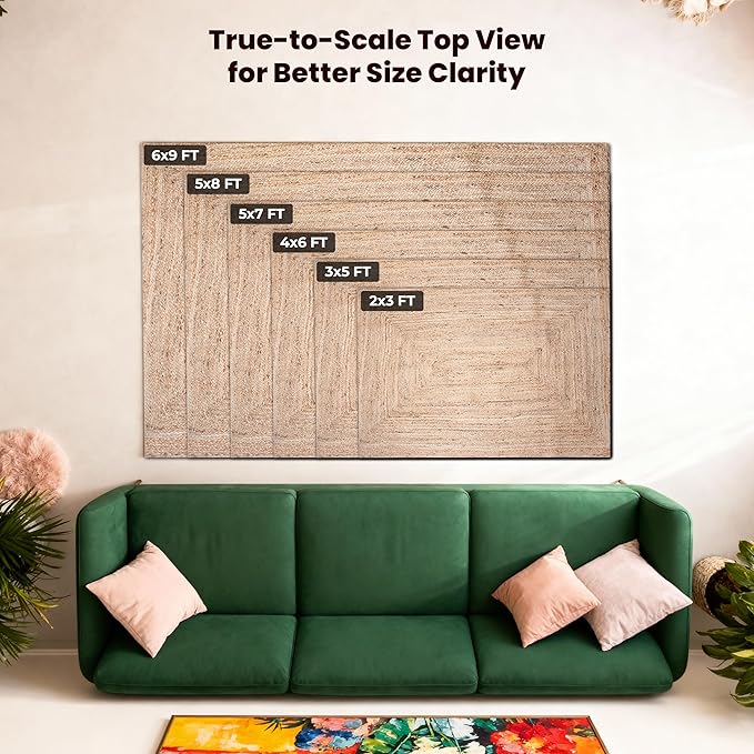 Craft Trade Rectangle Jute Area Rug, 5x7 Feet, Natural Braided Handwoven Floor Carpet, Reversible Rectangle Jute Rug for Living Room and Bedroom