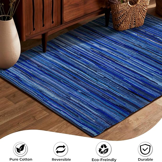 Ramanta Home 100% Cotton Hand Woven Tonal Chindi Rag Rug 3'x5' - Navy, Recycled Reversible Rugs, Boho Rustic Farmhouse Rugs for Living Room, Dinning Room, Kitchen Floor Mats - 36"x60"
