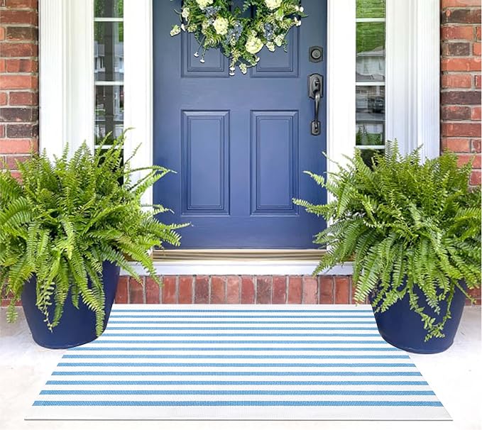 Light Blue White Outdoor Front Door Mat 24"x35",Cotton Woven Washable Striped Layered Doormat Indoor Outdoor Area Rug for Entryway Porch Decor Home Entrance