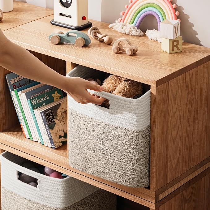 UBBCARE Set of 4 Storage Cubes-13 X 13 X 13 In, Cotton Rope Basket for Shelves, Toys, Book, Cube Storage Bin with Handles, Woven Storage Basket for Organizing, White/Brown