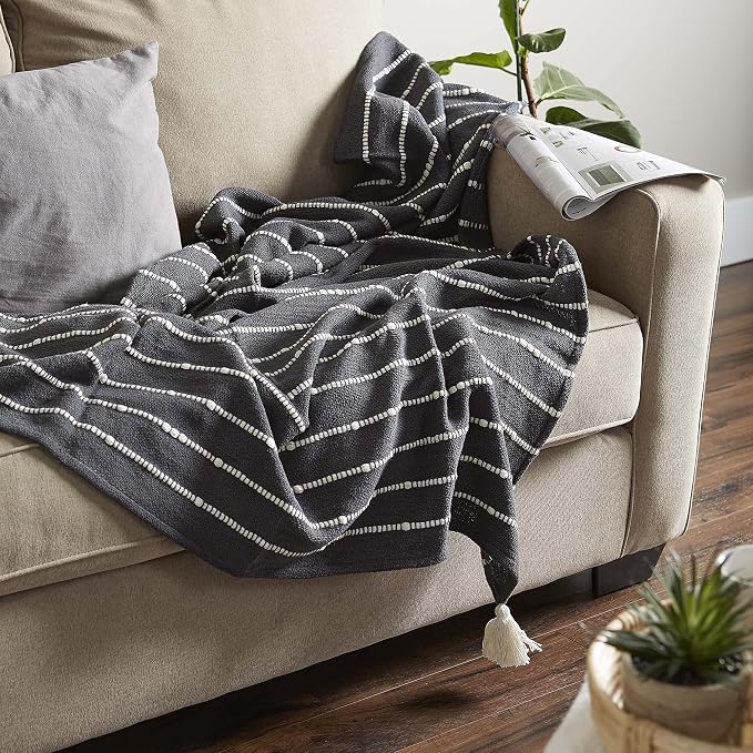 DII Striped Throw Collection Cotton Slub, Hand-Tied Tassels, 50x60, Mineral Gray & Off-White