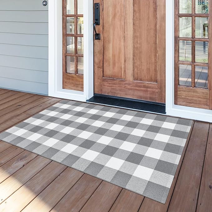 Buffalo Plaid Rug 3x5 Cotton Woven Buffalo Check Rug Grey and White Checkered Outdoor Rug Washable Indoor Outdoor Area Rug Layered Front Door Mats Carpet for Farmhouse Entryway Living Room Bedroom