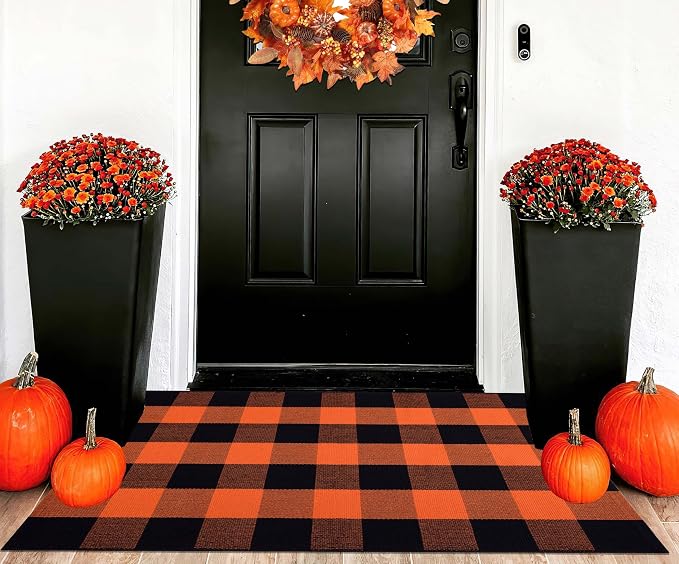 Fall Layered Doormat 27.5 x 43 inch,Orange and Black Plaid Rug Cotton Woven Washable Front Door Mat Outdoor Checkered Area Rug for Porch,Entryway,Farmhouse,Halloween,Indoor,Outdoor