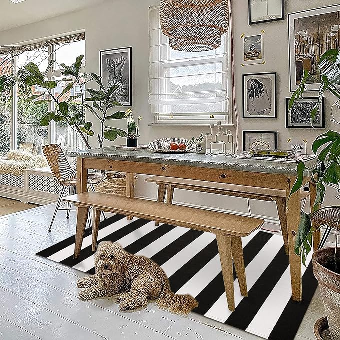 KILOCOCO Black White Striped Rug 3'X5' Front Door Mat Outdoor Washable Rugs | Cotton Layered Doormats, Low Pile Front Porch Rug, Woven Indoor Rug, Welcome Mat for Kitchen Entryway Farmhouse Patio