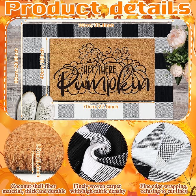 Moucuny 2 Pcs Fall Coir Welcome Doormat Outdoor 16'' x 28'' Hey There Pumpkin Coir Welcome Mat Layered 24'' x 35'' Black and White Plaid Rug Set for Fall Autumn Front Porch Entryway Entrance Decor