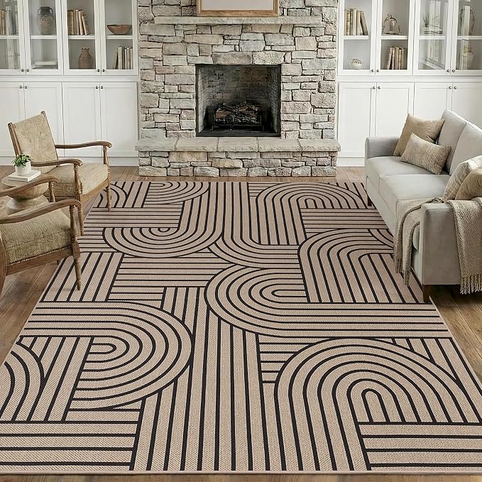 COZYLOOM 9x12 Patio Outdoor Rug, Geometric Rainbow Easy Jute Rug with Non Slip Backing, Non Shedding Stain Resistant Striped Area Rugs for Living Room, Bedroom, Dining Room, Backyard, Natural Color