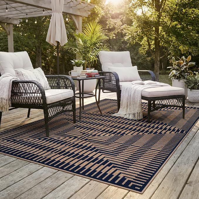 LIVEBOX Easy Jute Outdoor Rug 5x7, Washable Non Slip Area Rug, Farmhouse Striped Carpet for Patio, Dining Room, Backyard (Dark Blue)