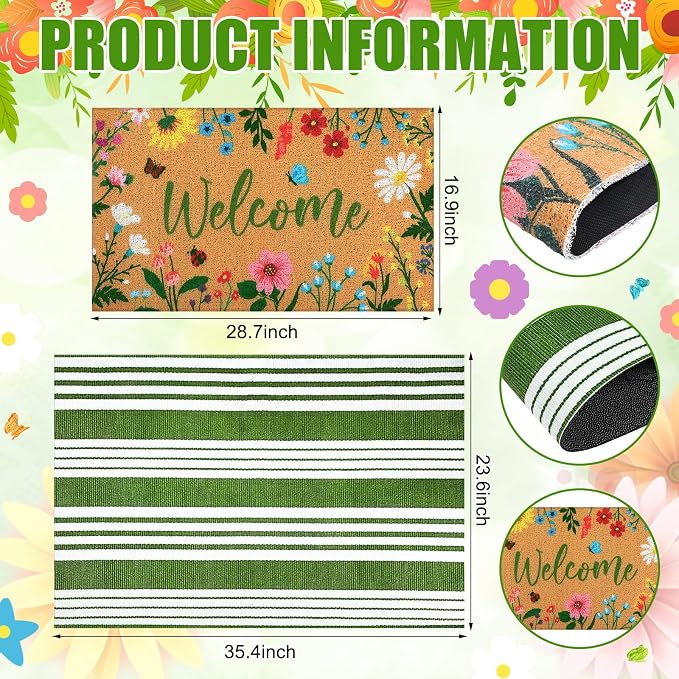 Tinideya 2 Pcs Summer Floral Welcome Door Mat Wildflower Outdoor Layered Doormats for Front Door Non Slip Summer Coir Floor Mat Green White Stripe Rugs for Outside Front Porch Entryway Decor