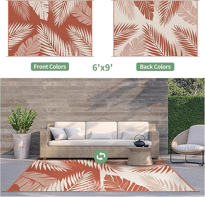 GENIMO Outdoor Rug, Waterproof Plastic Rugs for Patio, 6'x9' Brick Red | Outside Larger Leaf Carpet Mat for Porch Decor, Deck, Balcony, Camping, RV, Backyard, Picnic, Beach, Reversible, Foldable