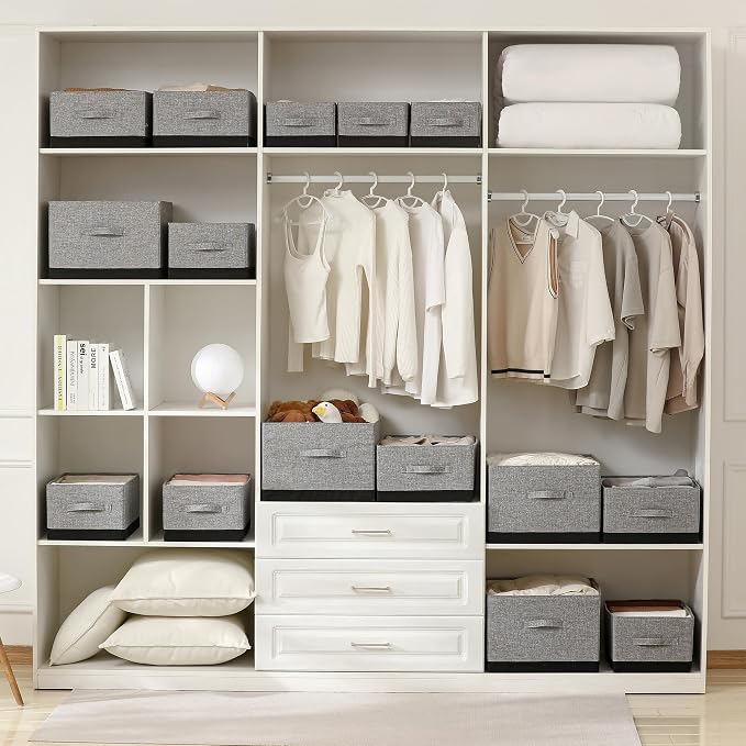 linen closet organizers and storage, 3 Pack Large Storage Baskets, Washable, Clothing Storage Bins with Handle, Closet Organizer for Storage Sweater,Sheets (gray black, 16"x9½"x6¾")