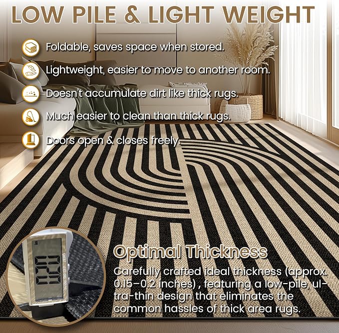 Washable Modern Easy Jute Runner Rug 2x6, Neutral Abstract Boho Geometric Outdoor Indoor Patio Area Rug, Woven Non Slip Thin Long Runner Carpet Mat for Hallway Kitchen Entryway Porch Farmhouse
