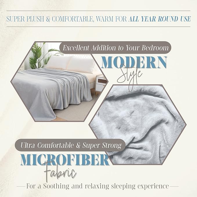 Elegant Comfort Luxury Velvety Feel Blanket, All-Season Lightweight Blanket, Ultra Plush, Soft, Cozy-Fuzzy Flannel Fleece for Couch, Sofa, Bed, Travel, Solid Design, Full/Queen, Silver Gray