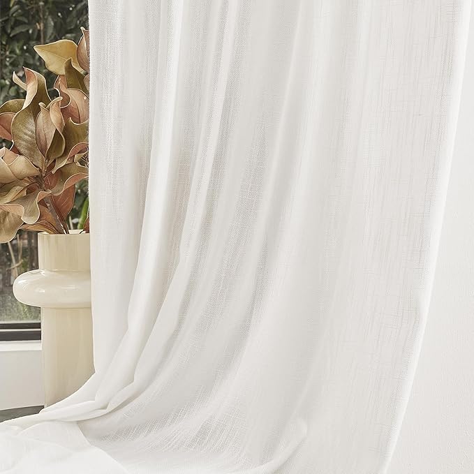 MYSKY HOME Natural Curtains 84 Inches Long, Semi Sheer Light Filtering Soft Window Drapes for Living Room Back Tab Elegant Farmhouse Country Bedroom Curtains, Beige White, 50" x 84", Pack-2