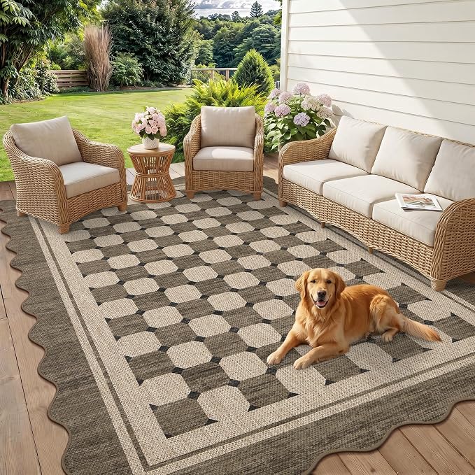 Garvee Scalloped Easy Jute 5x7 Outdoor Patio Rug, Washable Modern Boho Rugs for Living Room, Non-Slip Farmhouse Checkered Outdoor Mat Neutral Floor Carpet for Patio Dining Room Backyard 5'x7'