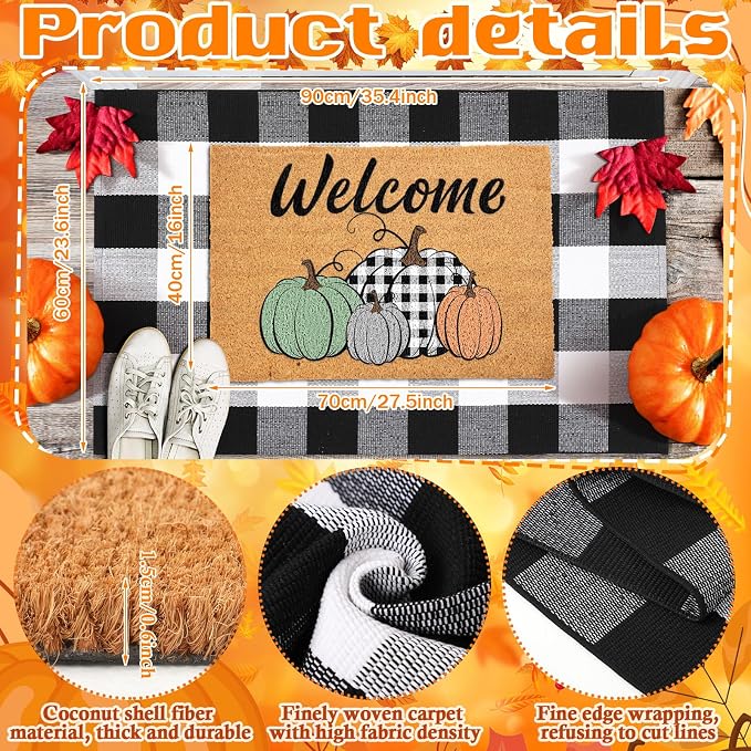 Moucuny 2 Pcs Fall Coir Doormat Outdoor 16'' x 28'' Stacked Pumpkin Welcome Doormat Layered 24'' x 35'' Black and White Plaid Rug Fall Non Slip Floor Mat Fot Autumn Entrance Porch Front Decor