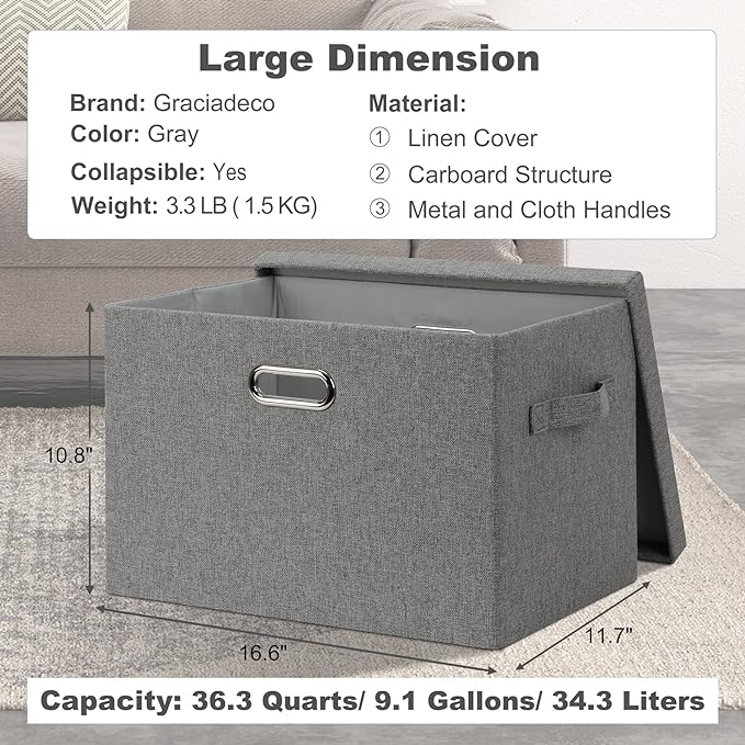 Graciadeco Large 17" 36 Quart Collapsible Stackable Storage Bins with Lids, 3 Packs Grey Linen Fabric Closet Boxes with Lids, Storage Cube Baskets Container Organizers for Bedroom Office(17 x12 x11) | 36 Quart 3 Pack Gray1 Collapsible Stackable Linen F...