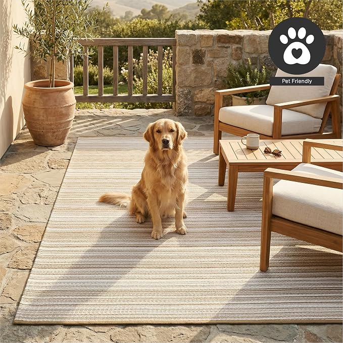 FH Home Outdoor Rug - Waterproof, Fade Resistant, Reversible - Premium Recycled Plastic - Striped - Patio, Deck, Porch, Balcony - Havana - Beige Crease Free - 5 x 8 ft
