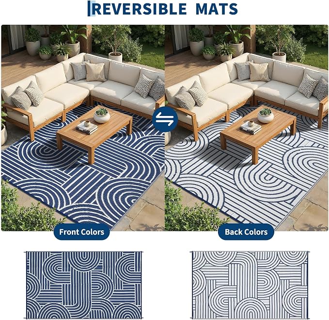 Garvee Reversible Rainbow Outdoor Rug 9x12, Waterproof Outdoor Plastic Straw Rug, RV Mat for Picnics, Patio, Camping, Balcony, Deck, Backyard, Porch, Blue