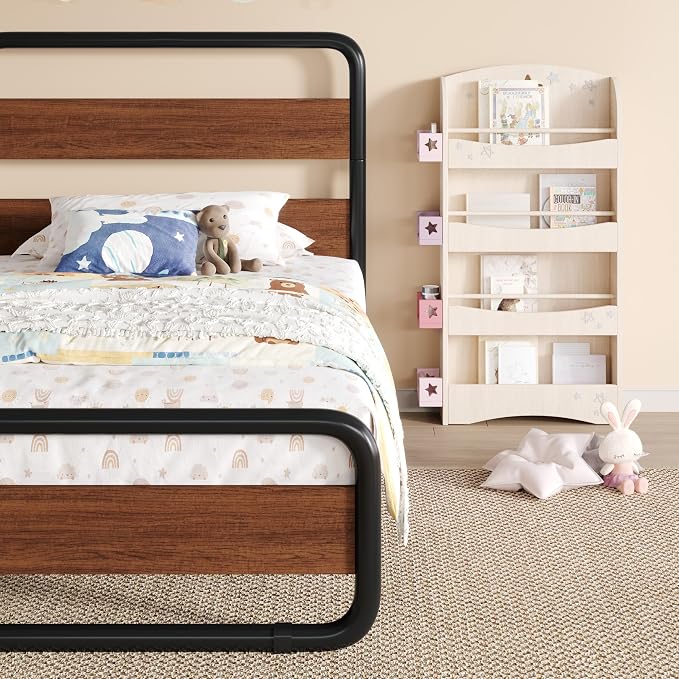 SHA CERLIN Twin Size Metal Bed Frame with Wooden Headboard and Footboard, Heavy Duty Oval-Shaped Platform Bed Frame with 10" Under-Bed Storage, Heavy Duty Slats Support, No Box Spring Needed, Walnut