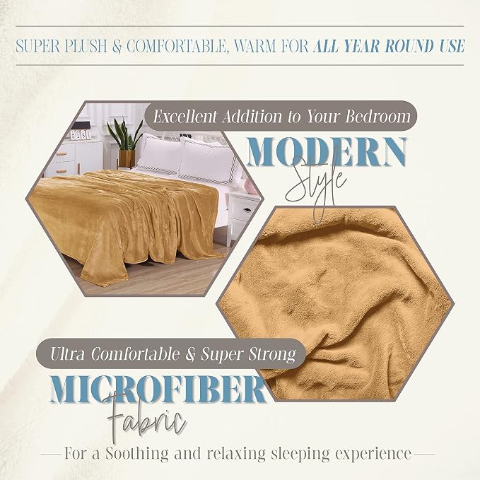Elegant Comfort Luxury Velvety Feel Blanket, All-Season Lightweight Blanket, Ultra Plush, Soft, Cozy-Fuzzy Flannel Fleece for Couch, Sofa, Bed, Travel, Solid Design, Full/Queen, Gold-Yellow