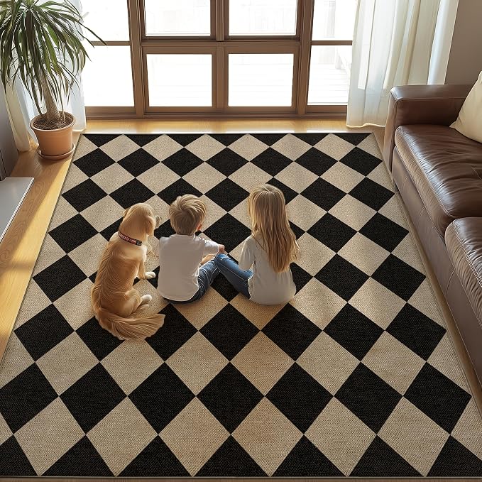 Washable Checkered Easy Jute Rug, 8x10 Black Diamond Checkerboard Boho Geometric Outdoor Indoor Patio Large Area Rugs, Low Pile Lightweight Non Slip Carpet Mat for Living Dining Room Bedroom Classroom