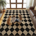 Washable Checkered Easy Jute Rug, 8x10 Black Diamond Checkerboard Boho Geometric Outdoor Indoor Patio Large Area Rugs, Low Pile Lightweight Non Slip Carpet Mat for Living Dining Room Bedroom Classroom