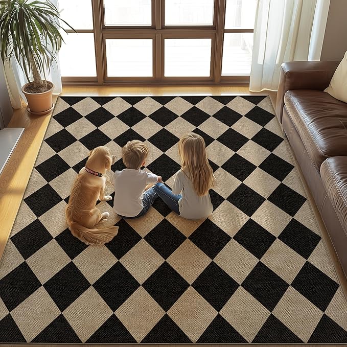 Washable Checkered Easy Jute Rug, 3x5 Black Diamond Checkerboard Boho Geometric Outdoor Indoor Patio Small Rugs, Low Pile Lightweight Non Slip Carpet Door Mat for Bedroom Entryway Front Door Farmhouse