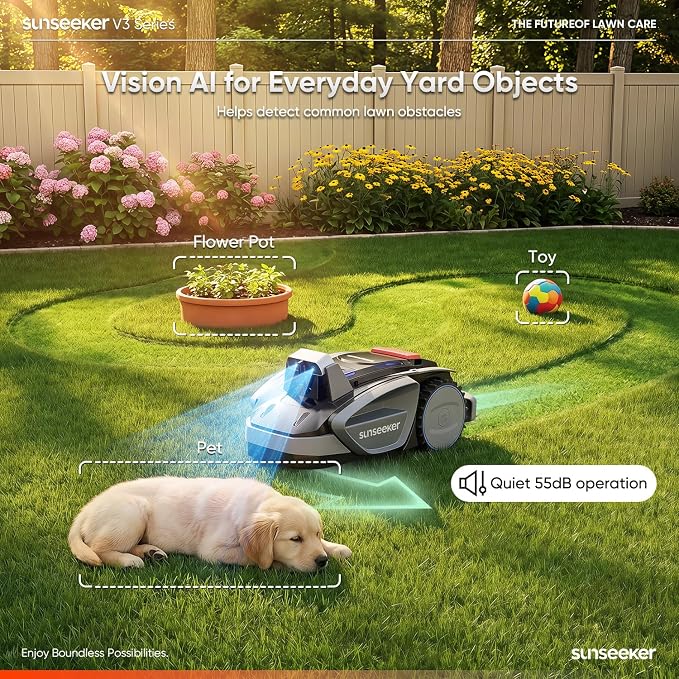 Sunseeker V3 Robot Lawn Mower, Vision AI, 0.15 Acre, Wire-Free | Easy routine mowing for first-time robot mower owners with small, simple yards and clear boundaries.