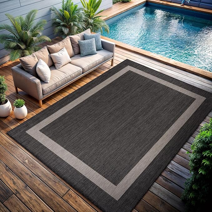 CAMILSON Outdoor Rug 9x12, Large Modern Outside Rugs for Patios Porches Waterproof Durable Washable Non-Shedding, Easy-to-Clean Indoor Outdoor Area Carpet (9 x 12, Bordered - Dark Gray/Light Gray)