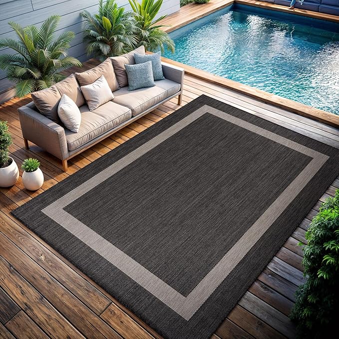 CAMILSON Outdoor Rug 10x14, Large Modern Outside Rugs for Patios Porches Waterproof Durable Washable Non-Shedding, Easy-to-Clean Indoor Outdoor Area Carpet (10 x 14, Bordered - Dark Gray/Light Gray)