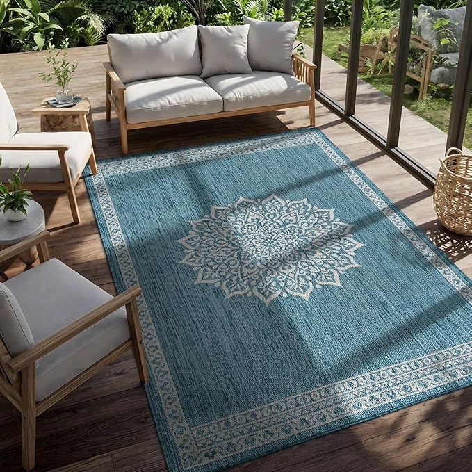 CAMILSON Outdoor Rug 9x12 Medallion Aqua Modern Large Area Rugs for Indoor and Outdoor Patios Kitchen and Hallway Mats Washable Porch Deck Outside Carpet (Medallion Aqua 9 x 12)