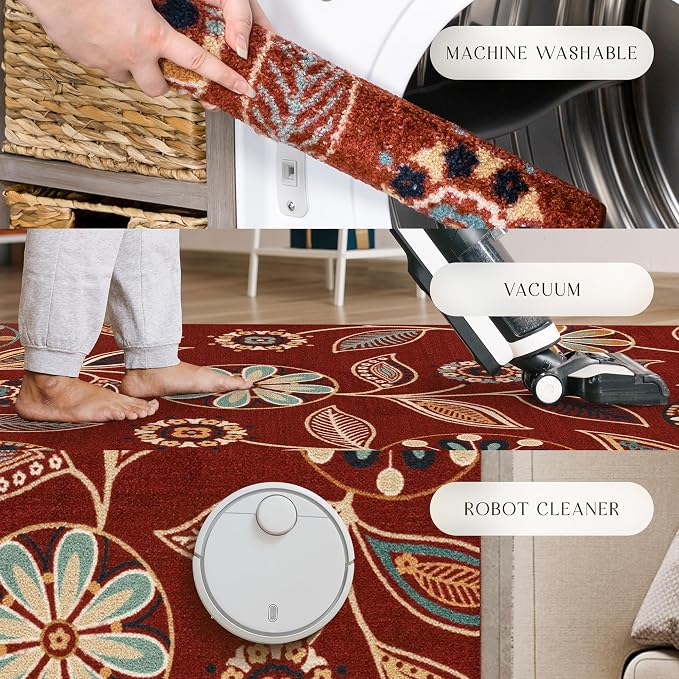 Maples Rugs Reggie Floral Kitchen Rug - Made in USA - Washable, Non Slip Indoor Carpet for Entryway, Foyer, Kitchen, and Bathroom, 1'8 x 2'10, Merlot