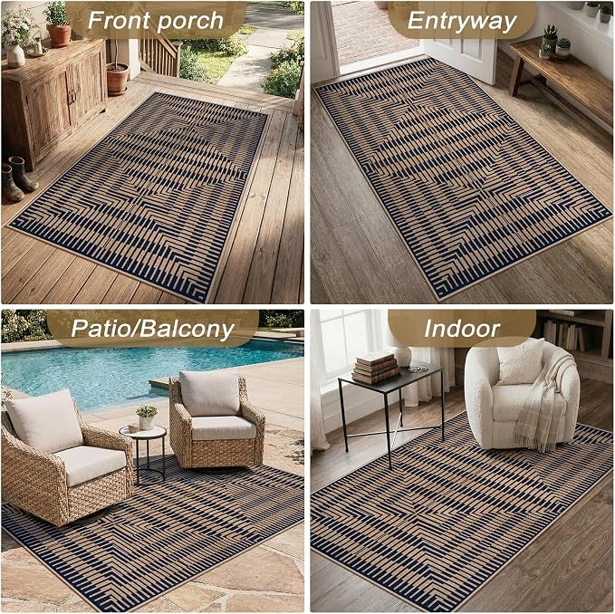 LIVEBOX Jute Look Area Rug 3x5 Indoor Front Door Mat, Washable Outdoor Porch Rugs Non Slip, Boho Geometric Striped Diamond Accent Rug for Entryway (Dark Blue Stripe)
