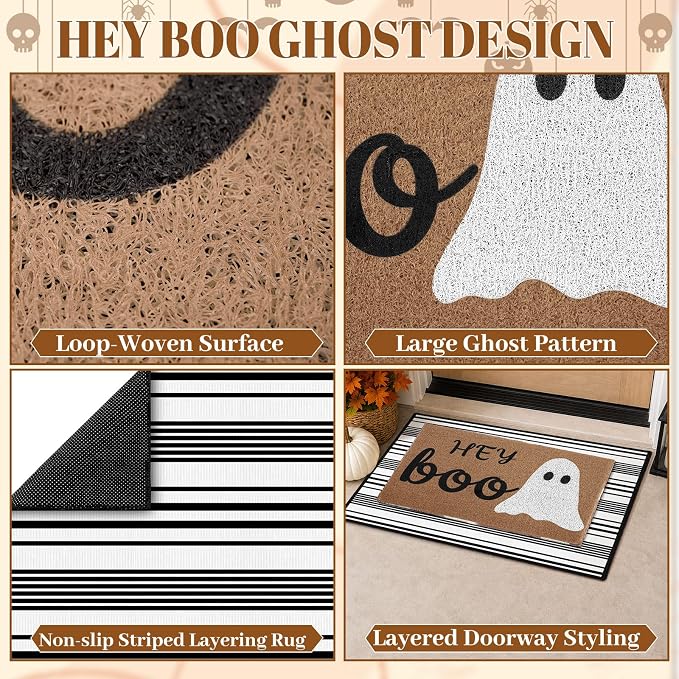 2 Pcs Hey Boo Ghost Halloween Doormats, 16 x 24 in Hey Boo Ghost Door Mat and 24 x 32 in Black White Striped Layering Rug, Fall Porch Decor for Indoor Outdoor Entryway Patio Kitchen Bathroom