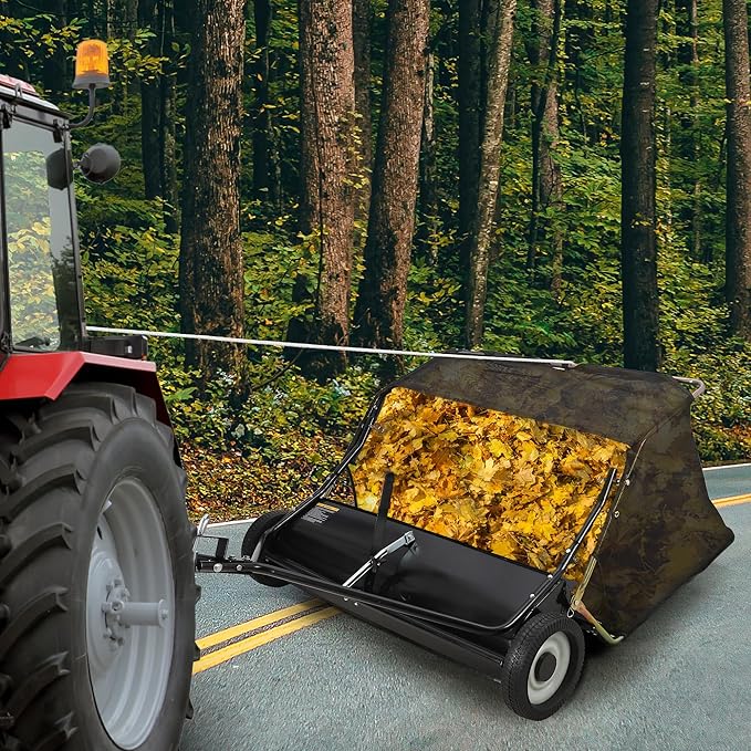 50in Tow-Behind Lawn Sweeper 12 Cu.ft Capacity Leaf & Grass Collector | Adjustable Height, Universal Hitch, Easy Dump