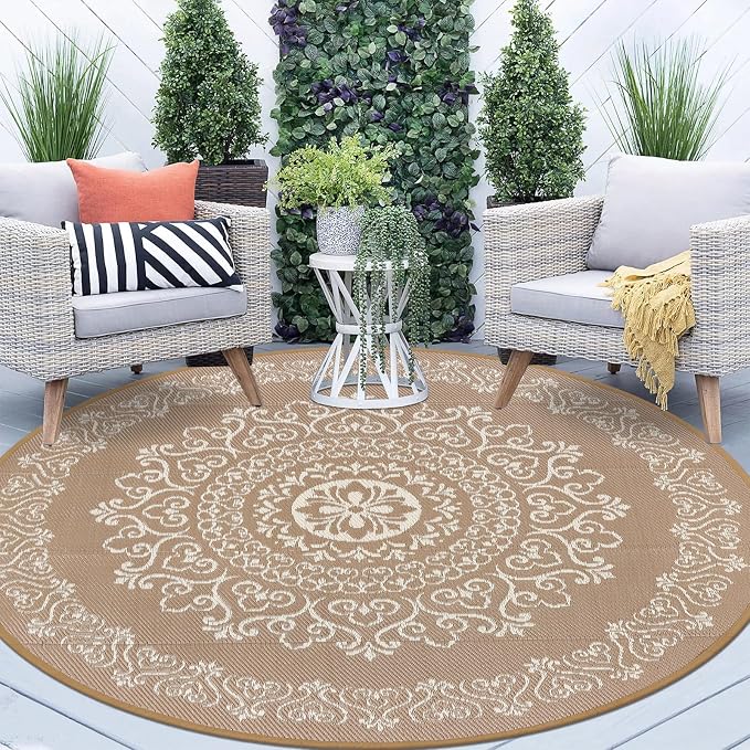 Pauwer Outdoor Rug 8ft, Waterproof Plastic Straw Camping Rug, Floral Brown | Reversible Patio Rug, UV Resistant Indoor Outdoor RV Mat Carpet For Deck, Camper, Porch, Balcony, Backyard, Picnic, Foldable