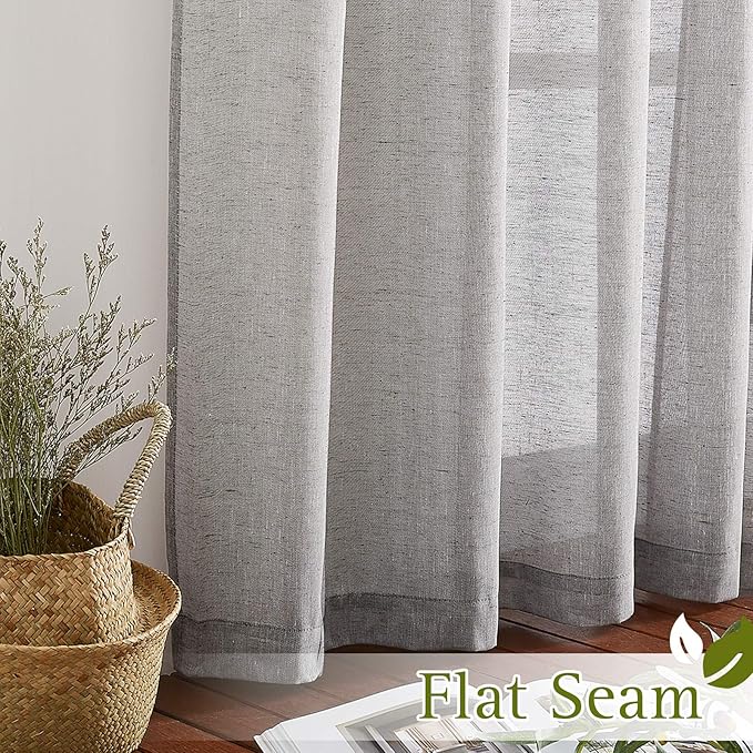 NICETOWN Sheer Curtains Flax Texture for Bedroom, Vintage Grommet Top Linen Textured Semitransparent Privacy Window Treatment Light Filter for Living Room, 52" W x 96" L, Set of 2, Charcoal Grey