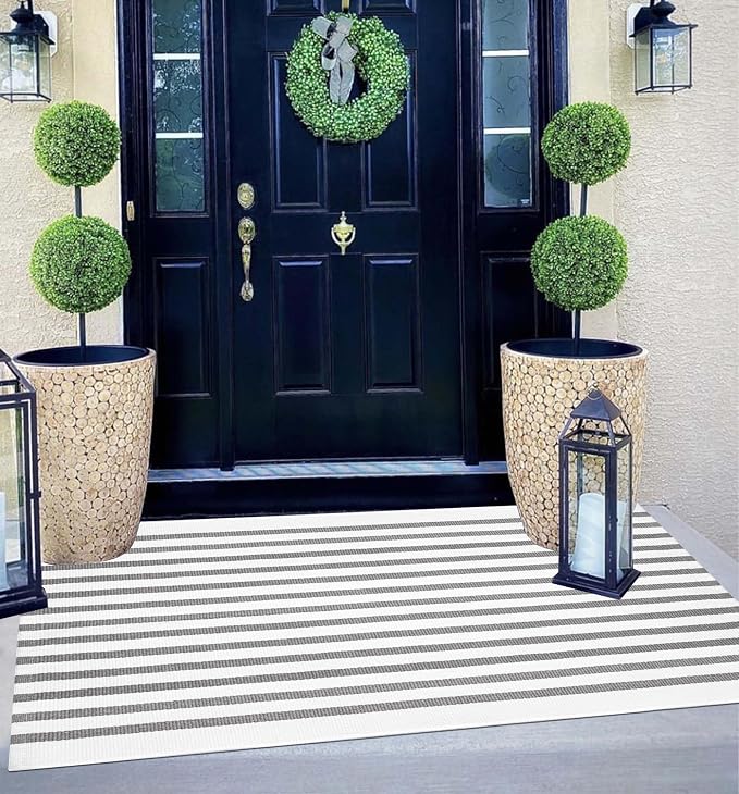 Grey and White Outdoor Rug 2'x4.3',Striped Front Porch Rug Cotton Woven Washable Indoor Outdoor Doormat Farmhouse Small Area Rug for Porch/Entryway/Home Entrance Decor