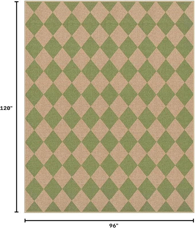 Lahome Checkered Easy Jute Living Room Rug, 8x10 Outdoor Rugs Washable | Farmhouse Natural Non Slip Green Area Rug, Non Shedding Carpet for Indoor Patio Porch Deck Sunroom Dining Room Classroom