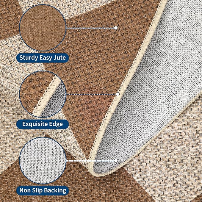 Garvee 8x10 Indoor Outdoor Rugs Easy Jute Modern Diamond Living Room Rugs with Non Slip Backing, Neutral Geometric Washable Rug Stain Resistant Non Shedding Mats for Dining Room, Bedroom, Coffee/White