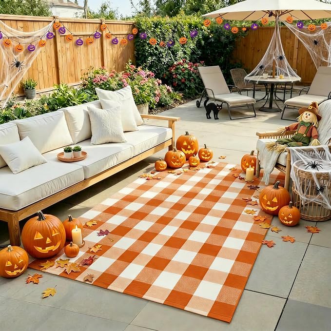 Halloween Orange and White Buffalo Plaid Rug,4' x 6' Indoor Outdoor Washable Rug, Spooky Accent Mat for Halloween Indoor Outdoor Decor, Porch, Living Room, Entryway, Patio