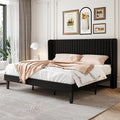 SHA CERLIN King Size Velvet Bed Frame, Tufted Wingback Headboard, Black | 47'' Modern Vertical Channel Headboard, Upholstered Platform Bed, Wood Slats, No Box Spring Needed, Easy Assembly, Noise Free