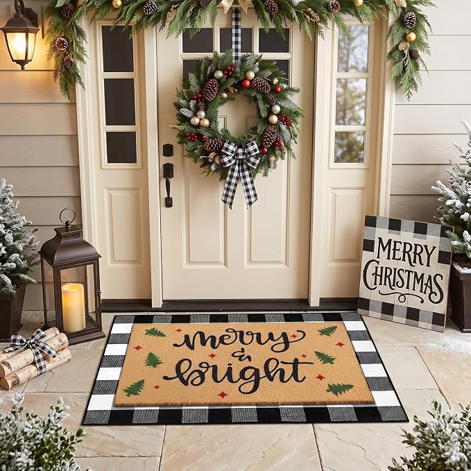 Tinideya 2 Pcs Door Mat Welcome Non Slip Coir Mats Floor Layering Doormats Seasonal for Front Porch Entryway Decor(Rustic Christmas)