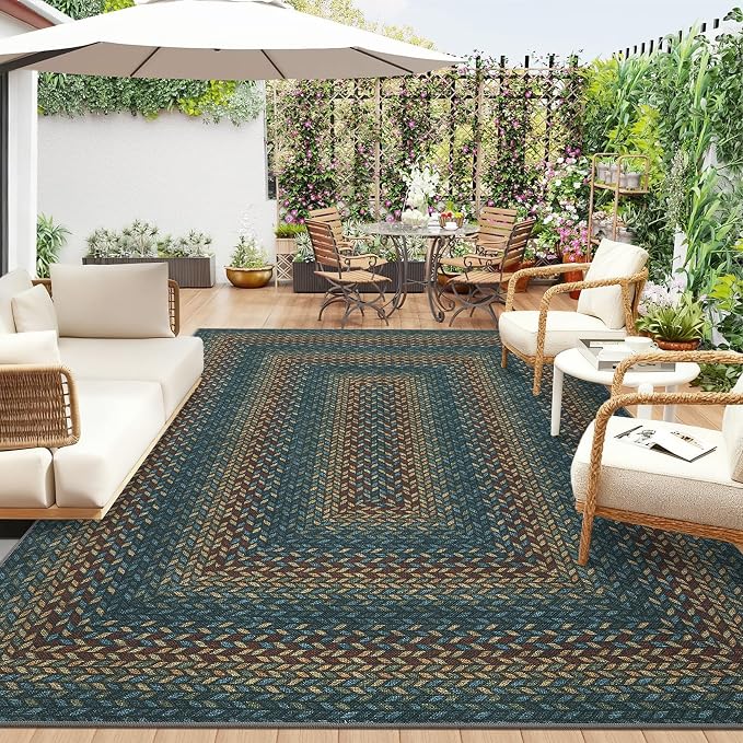 GarveeHome 8x10 Washable Living Room Area Rug Non Slip Braided Rugs | Low Pile Stain Resistant Dining Room Throw Carpet Indoor Outdoor Modern Bordered Area Rugs for Home Decor, Navy/Rust
